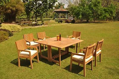 7-Pc Outdoor Teak Dining Set: 60  Butterfly Round Table 6 Arm Chairs Maldives • $2989.35