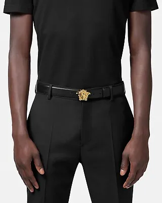 Versace La Medusa Greca Buckle Adjustable Leather Size 100 Belt For Men - Black • $350