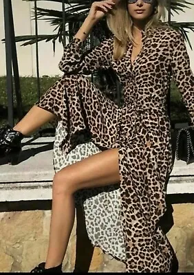 Zara New Long Leopard Print Dress Maxi Shirt Style Long Sleeve Bloggers Large • £35