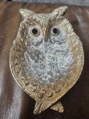 Vintage Metal Owl Change Tray Marked TAN Rhinestone Eyes 3 Leg  • $25