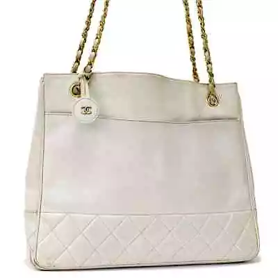 Used Chanel Chain Shoulder Tote Bag Matelasse Leather White Vintage • $906.25