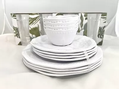 Melamine Dinnerware Set Tommy Bahama 12pc+ 4 Acrylic Glasses WHITE Dotted Edge • $74.99