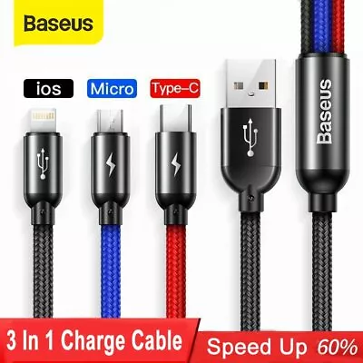 Baseus 3 In 1 USB Fast Charging Cable Braided Apple + Type-C + Mico Charger Cord • $9.89