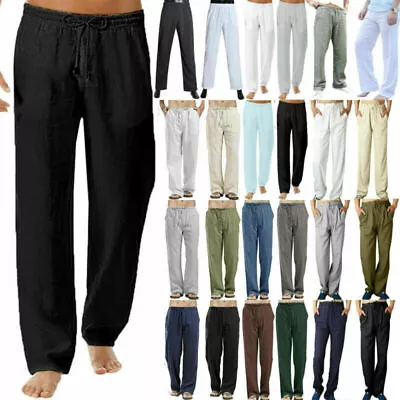 $16.14 • Buy Man Plain Linen Yoga Sport Wide-Leg Pants Elastic Waist Beach Loose Fit Trousers