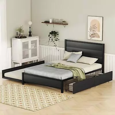 Metal Full Size Storage Platform Bed With Twin Size Trundle And 2 Drawers Black • $390.40