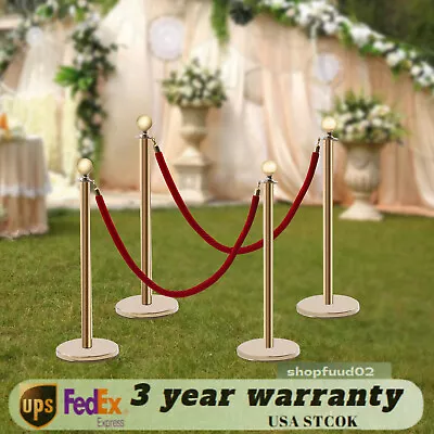 4PCS Golden Crowd Control Barrier Stanchion Set Posts Queue Pole Velvet Ropes • $68.97