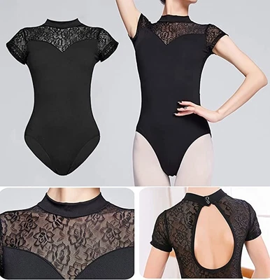 £15.99 • Buy Women Ballet Leotard Black-Lace Short-Sleeve With Swan Collar Dance-Gymnastics L