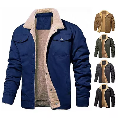 Men Sherpa Trucker Jacket 5 Pocket Cotton Cargo Work Lapel Collar Winter Coat ； • $50.61