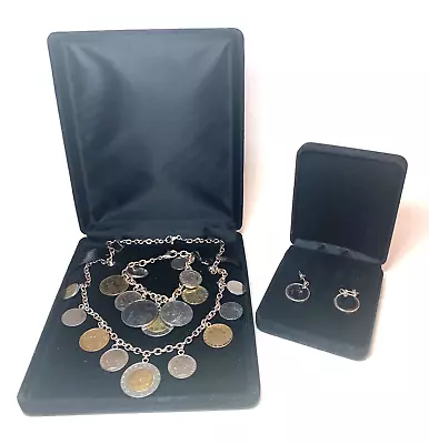 925 Milor Italy Sterling Silver Lira Coins Necklace Bracelet & Earrings Set • $123.75