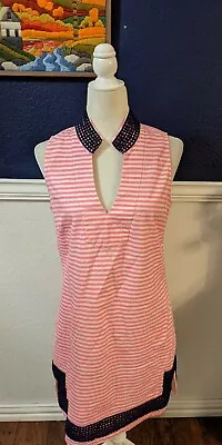 STS Sail To Sable Sleeveless Neon Pink White Stripe Summer Dress Sz Medium M • $54.95