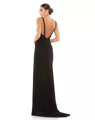 Mac Duggal PLUNGE NECK HIGH SLIT GOWN In Black NEW • $165