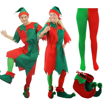 £19.99 • Buy Unisex Adults Christmas Elf Costume Red & Green Tunic + Tights + Hat + Shoes 