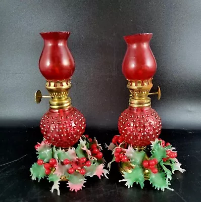 Vintage Miniature Red Glass Kerosene Lamps Christmas Decoration 6  Tall Set Of 2 • $29