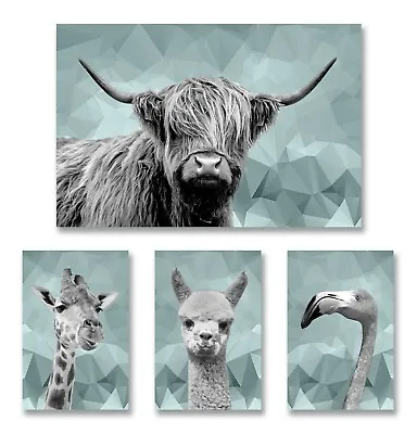 £21.99 • Buy Duck Egg Blue Animal Geo Collection Highland Cow Giraffe Canvas Wall Art Print