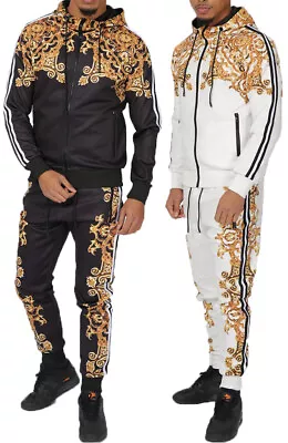 £19.99 • Buy Mens Designer Polyester Chain Tracksuit Style Slim Fit Joggers Bottom Zip Hoodie