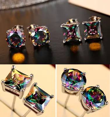 Men Women Sterling Silver Post Stud Square Round Colorful CZ Earrings Gift PE22 • $5.95