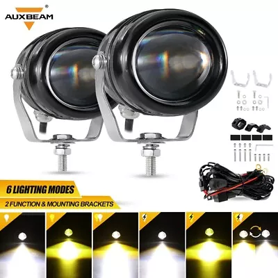 AUXBEAM 3 INCH White & Amber LED Driving Lights W/ Brackets For Motorcycle Motor • $84.99