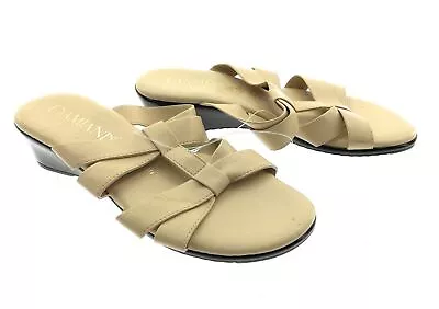Damianis Womens Tan Slip On Sandals Casual Summer Flat Career Business Size 5 • $16.79