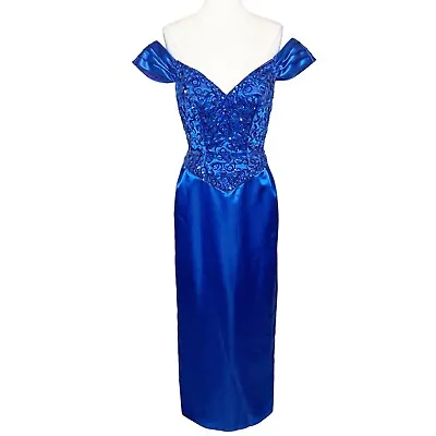 Vintage 70s Size 10 Dress Mike Benet Royal Blue Sequined Satin Formal Straight • $149.99