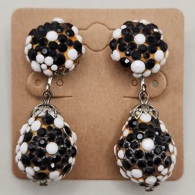 Vtg Vendome Earrings White Black Milk Glass Rhinestone MOD Clip-On Drop READ • $44.99