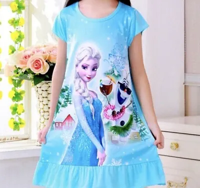 Elsa Olaf Frozen Night Gown Pjs Sleep Dress Shirt Pajamas Soft Toddler Girl 7-8 • $9