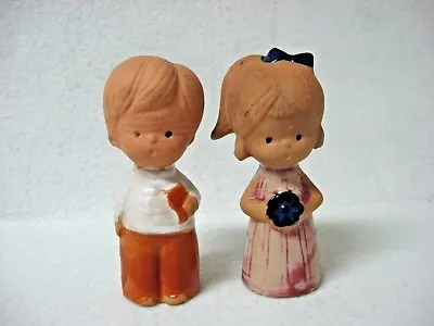 Vintage Pottery Children BOY GIRL Salt Pepper SHAKERS Display 4” • $12.08