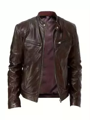 Men's Cafe Racer Retro Genuine Leather Motorcycll Black Brown Biker Sheep Jacket • $94.49