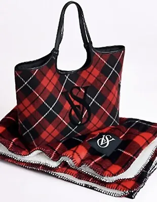 Victoria's Secret Tartan Red Plaid Tote Bag & Cozy Blanket *2 Piece Set* New • $29.99