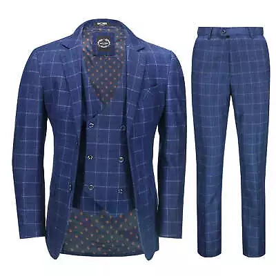 Mens 3 Piece Navy Check Suit Retro Vintage Smart Tailored Fit Classic Formal • $111.89