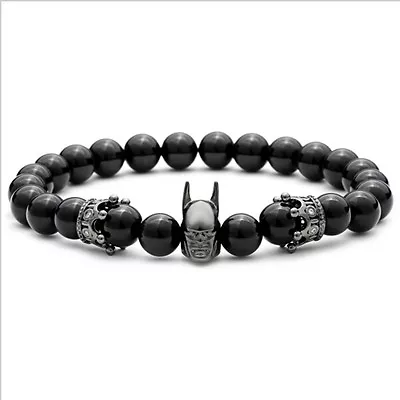 8mm Batman Helmet Crown Bracelet Black Onyx Stone Mens Macrame Bracelets Gift • $3.64