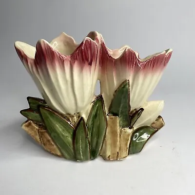 Vintage McCoy Pottery Double Tulip Cream & Pink Tipped Flower Vase Planter • $46.78
