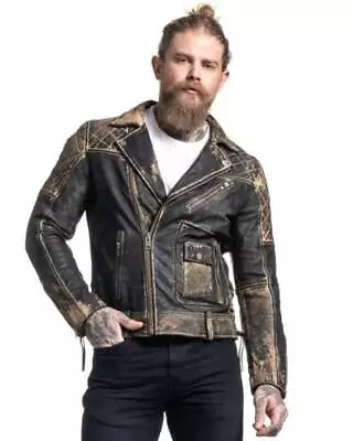 Men's 90s Black Leather Jacket Vintage Biker Distressed Lambskin Coat • $130.19