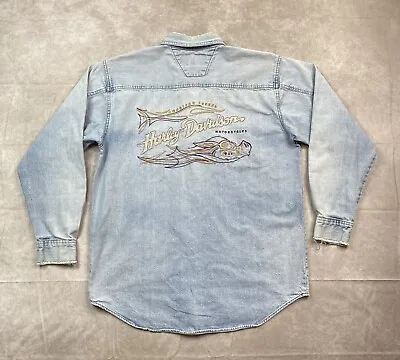 Harley Davidson Denim Shirt Adult L Blue Embroidered Hog Jean Button Up Shirt • $28.75