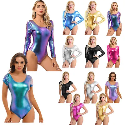 UK Womens Shiny Leather Long Sleeve Gymnastic Dance Leotard Bodysuit Leotard • £5.99