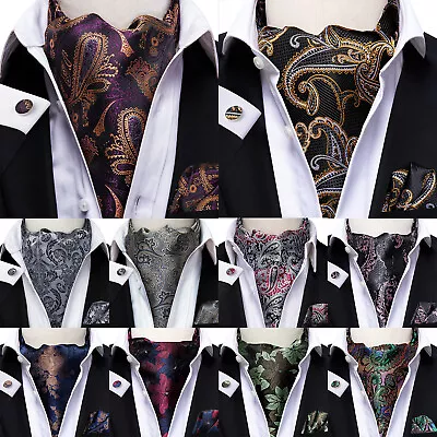 Mens Silk Ascot Cravat Vintage Tie Jacquard Paisley Scarf Hanky Cufflinks Set • $12.99