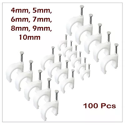 ROUND CABLE CLIPS 4-10mm White Wall Tacks Wire Cord Tidy Holder 100PCS • £2.79