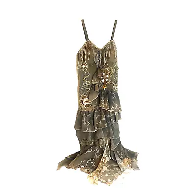 Steampunk Denim Dress Embellished Lace Fringe Metal Shells Layers Size M Unique • $62.80
