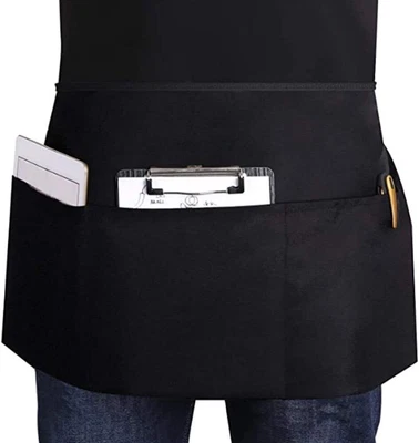 £4.49 • Buy 3 Pockets Plain Black Half Size Waist Waiter Waitress Apron For Bar Cafe Pub