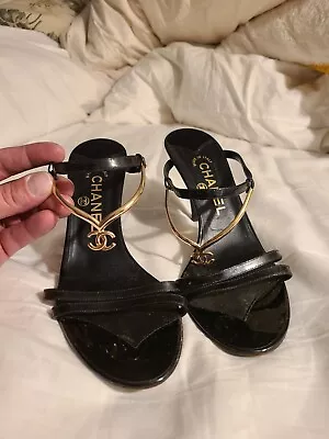 RARE Vintage CHANEL Shoes Womans Italian Size 39.5 Black With Gold Ankle Strap. • $550