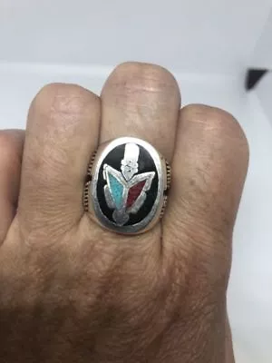 1980's Vintage Silver Size 10.25 Men's Genuine Turquoise Inlay Arrow Ring • $44