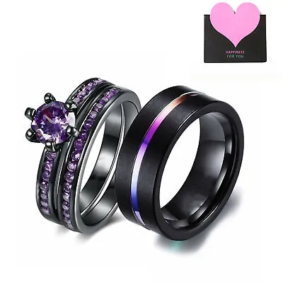 2pcs His And Her Couple Rings Purple CZ Promise Wedding Engagement Band Ring Set • $12.99