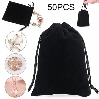 50Pcs Black Velvet Drawstring Velour Pouch Jewelry Baggie Ring Gift Bag Pouch • £7.75