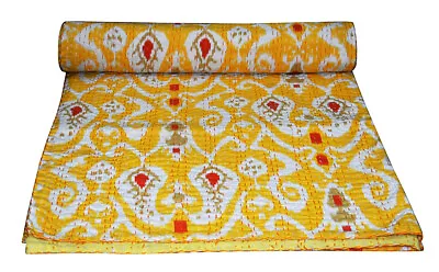 £39.99 • Buy Indian Handmade Vintage Kantha Quilt Bedspread Throw Cotton Blanket Ikat Yellow 