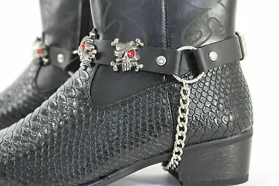 Biker Men Western Women Boots Silver Chains Pair Leather Straps Skulls Pirates • $29.99