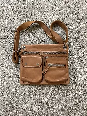 Fossil Slim Light Brown Leather Multi Pocket Front Entry Crossbody Shoulder Bag • $30