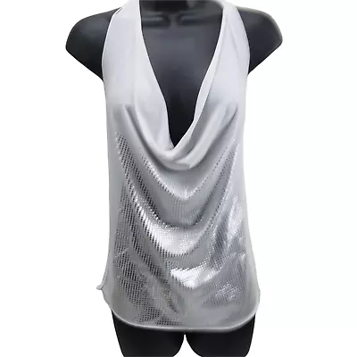 MKM Designs Women's Halter Top White Metallic Beaded Front Made In USA • $14.79
