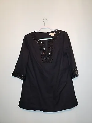Michael Kors Womens L Tunic Top 3/4 Sleeve Black Cheetah Print Gem Accent V Neck • $27.99