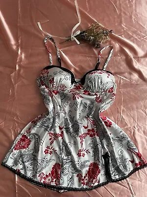 Vintage Y2k 2000s Floral Satin Lace Trim Mini Slip Dress M Fairy Goth Lingerie • $50