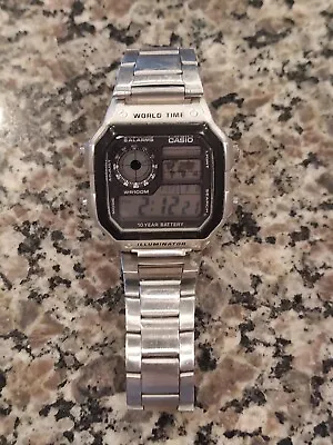 Casio AE-1200WH World Time Men's Watch Silver Tone Digital New Battery • $22