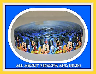 7/8 Inch All Mickey Mouse On Blue Grosgrain Ribbon- 1 Yard • $0.99